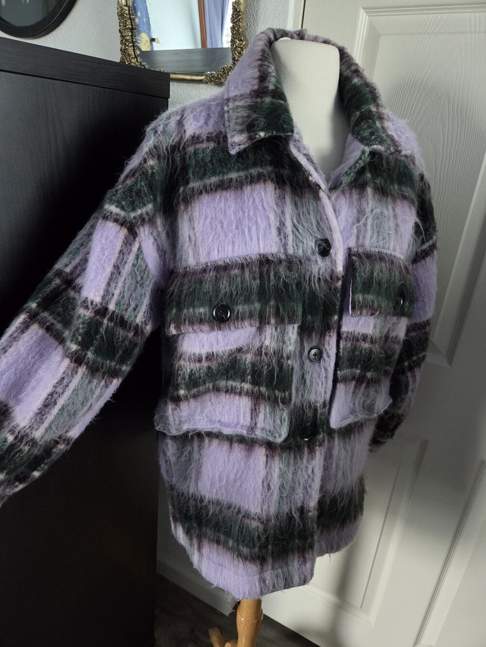 Purple Plaid Fuzzy Warm Jacket Grey Lab Anthropologie Size Small